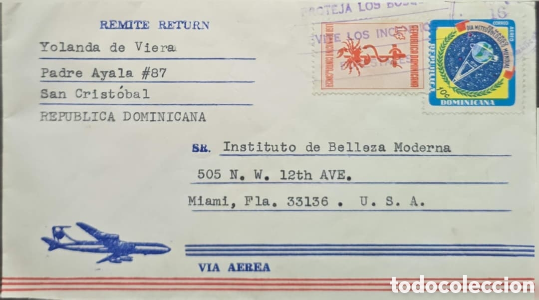 Sellos: CA)Dominican Republic &middot; 1970s &middot; Meteorology & Heraldry &middot; Airmail envelope from San Crist&oacute;bal to Miam