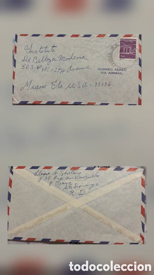 Sellos: CA)Dominican Republic + 1970s + Airmail & Beauty + Handwritten envelope from Santo Domingo to Miami