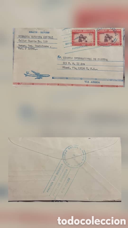 Sellos: CA)Dominican Republic + 1970s + Airmail & Sewing + Envelope from Bonao to Miami with 5c horse-and-ri