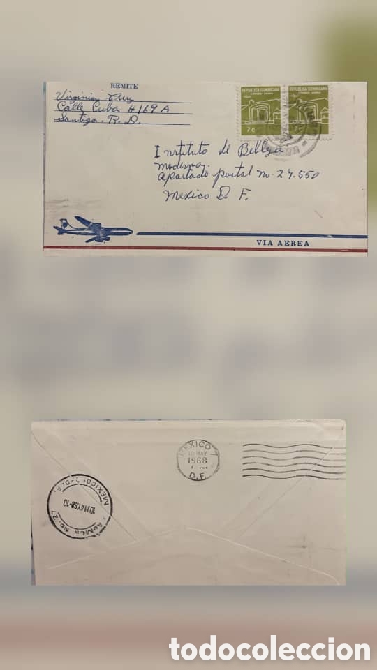 Sellos: CA)Dominican Republic + 1968 + Airmail & Arts + Envelope from Santiago to Mexico City with 7c stamps