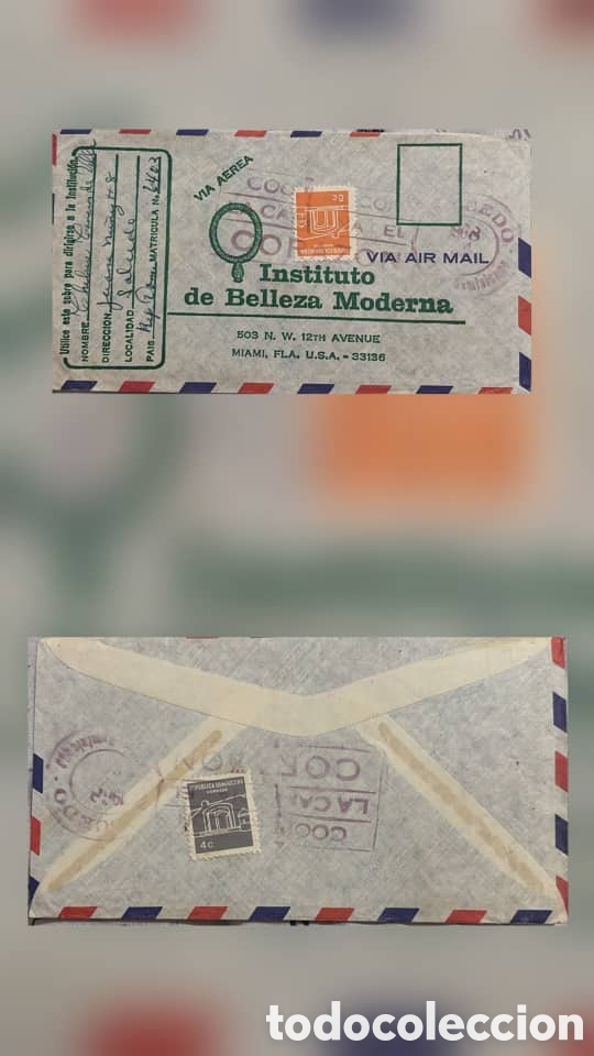 Sellos: CA)Dominican Republic + 1970s + Airmail & Beauty + Envelope to Miami with stamp and postal markings