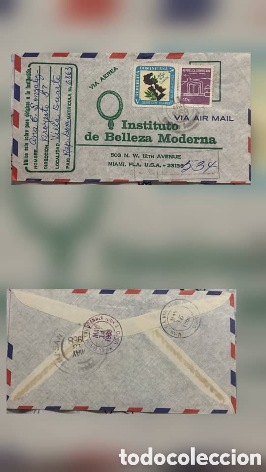 Sellos: CA)Dominican Republic + 1970s + Airmail & Culture + Envelope to Miami with 5c plant stamp and 10c bu