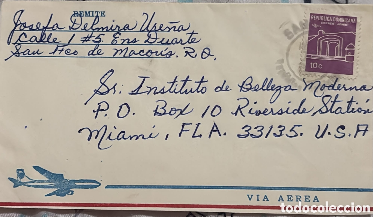 Sellos: CA)Dominican Republic + 1968 + Airmail & Architecture + Envelope from San Francisco de Macor&iacute;s to Mi