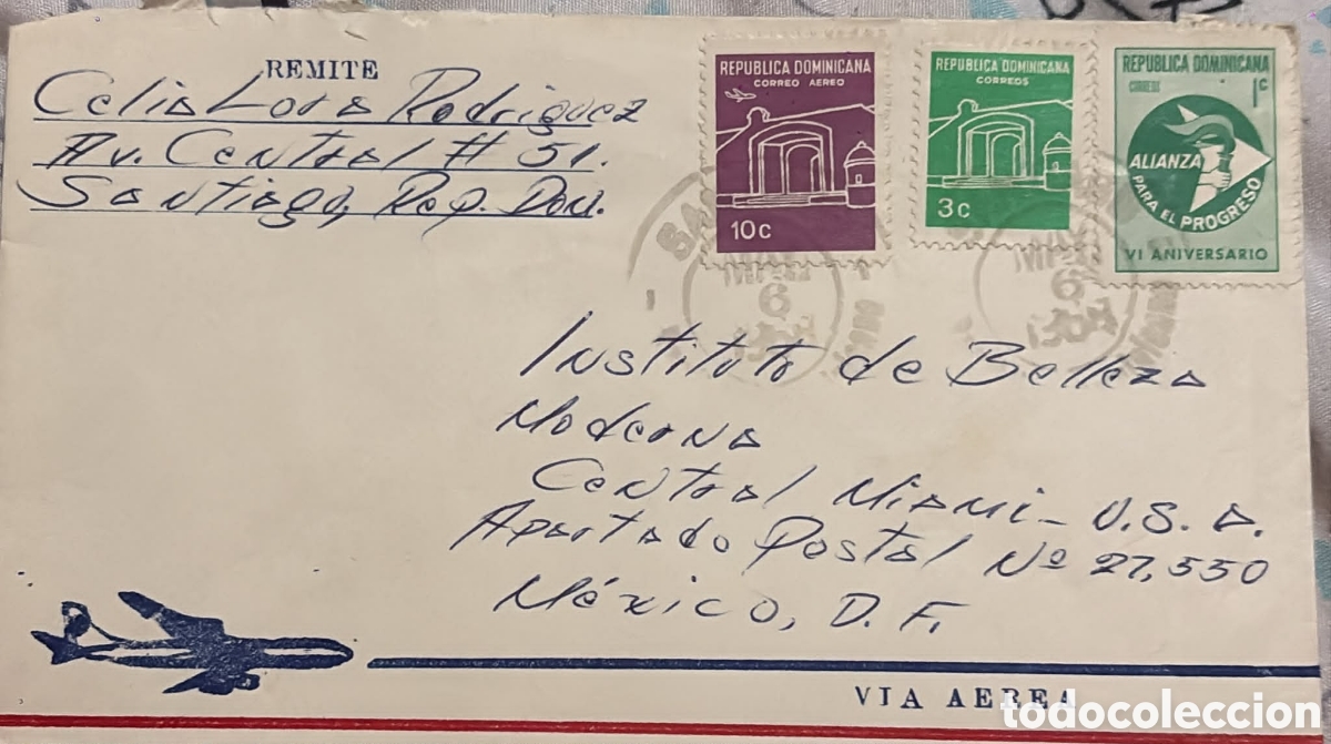 Sellos: CA)Dominican Republic + 1968 + Airmail & Progress + Envelope from Santiago to Miami with 10c, 3c, an
