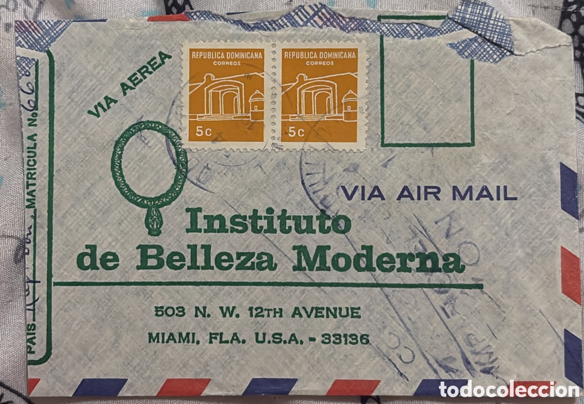 Sellos: CA)Dominican Republic + 1970s + Airmail & Architecture + Envelope to Miami with two 5c stamps depict