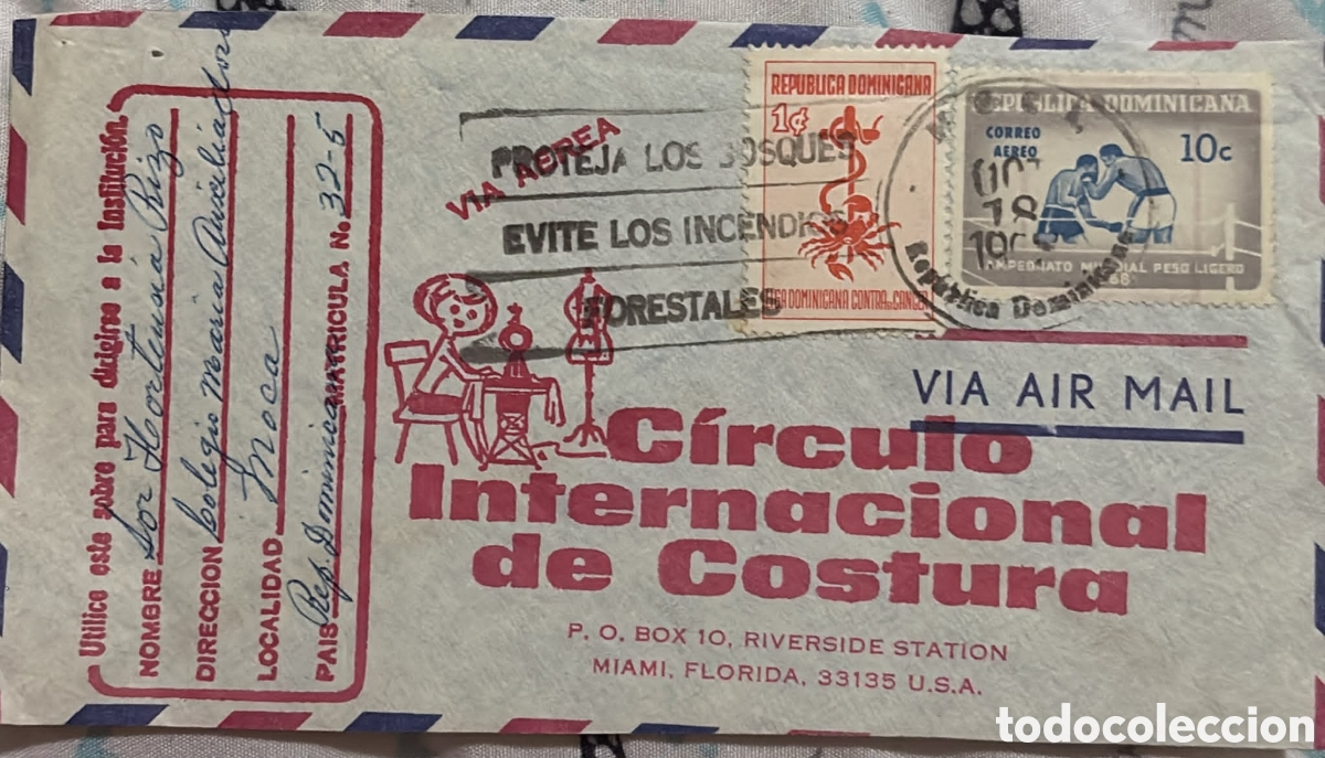Sellos: CA)Dominican Republic + 1956 + Airmail & Sports + Envelope from Miami to Moca with 1c forest conserv