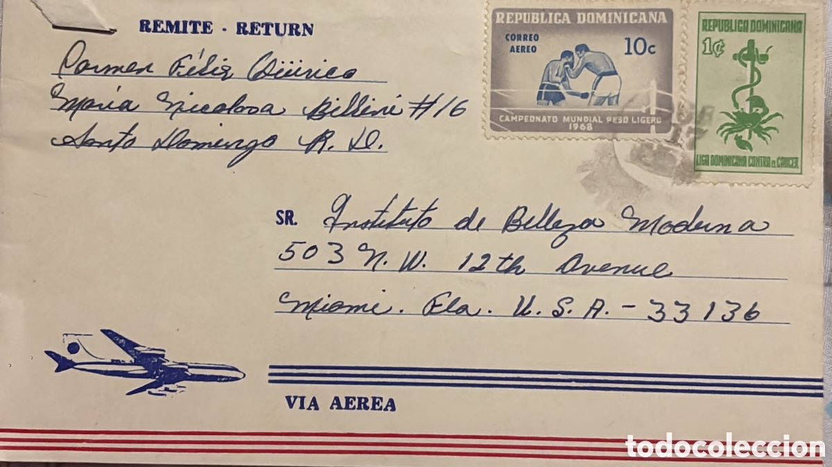 Sellos: CA)Dominican Republic + 1968 + Airmail & Health + Envelope from Santo Domingo to Miami with 10c boxi