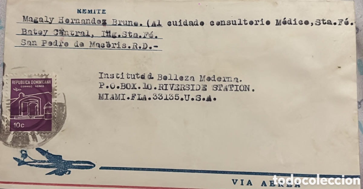 Sellos: CA)Dominican Republic + 1970s + Airmail & Architecture + Envelope from San Pedro de Macor&iacute;s to Miami