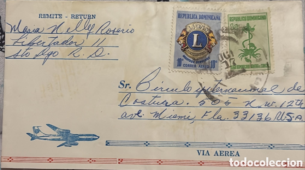 Sellos: CA)Dominican Republic + 1970s + Airmail & Health + Envelope from Santo Domingo to Miami with 10c Lio