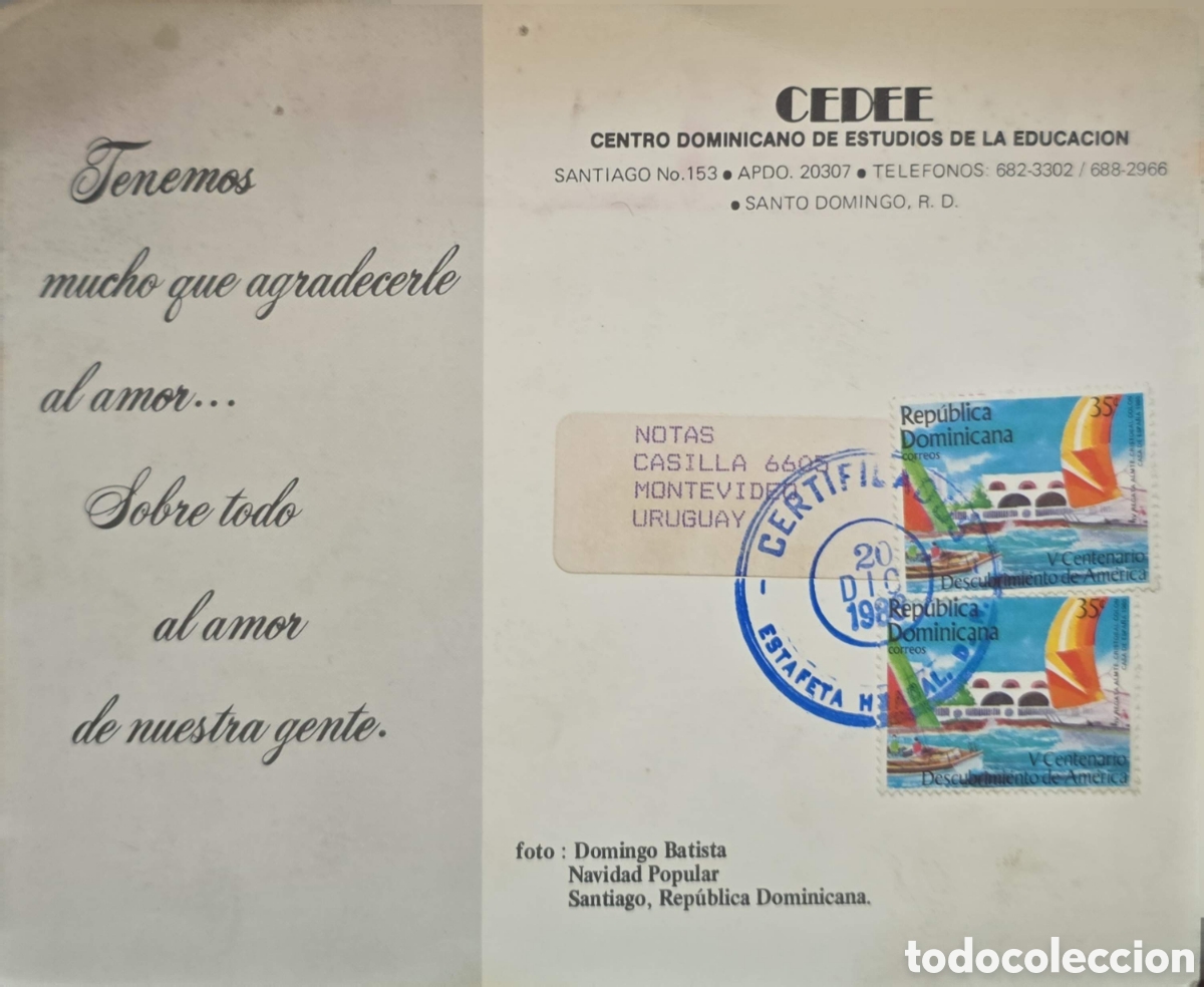 Sellos: CA)Dominican Republic + 1989 + V Centenario + Certified envelope from CEDEE Santo Domingo with poeti