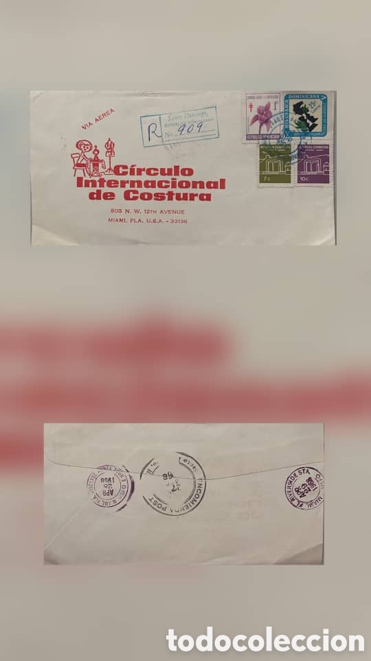 Sellos: CA)Dominican Republic + 1966 + Sewing Institute Airmail + Registered envelope from Santo Domingo dat