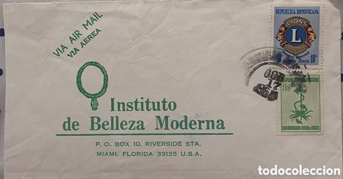 Sellos: CA)Dominican Republic + 1960s + Beauty Institute Airmail + Envelope with Dominican stamps (10&cent; Lions