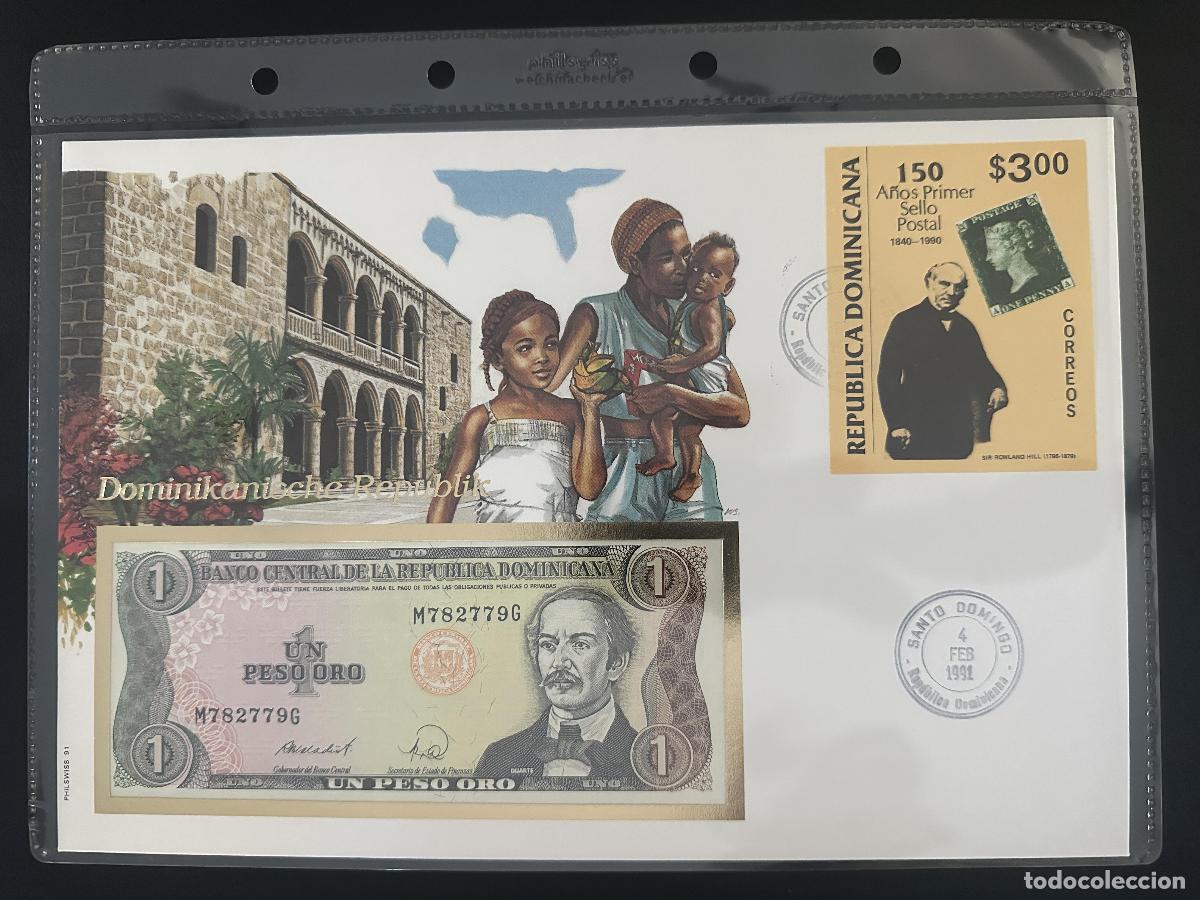 Sellos: Rep&uacute;blica Dominicana sobre numism&aacute;tico 1 Peso Oro 1991