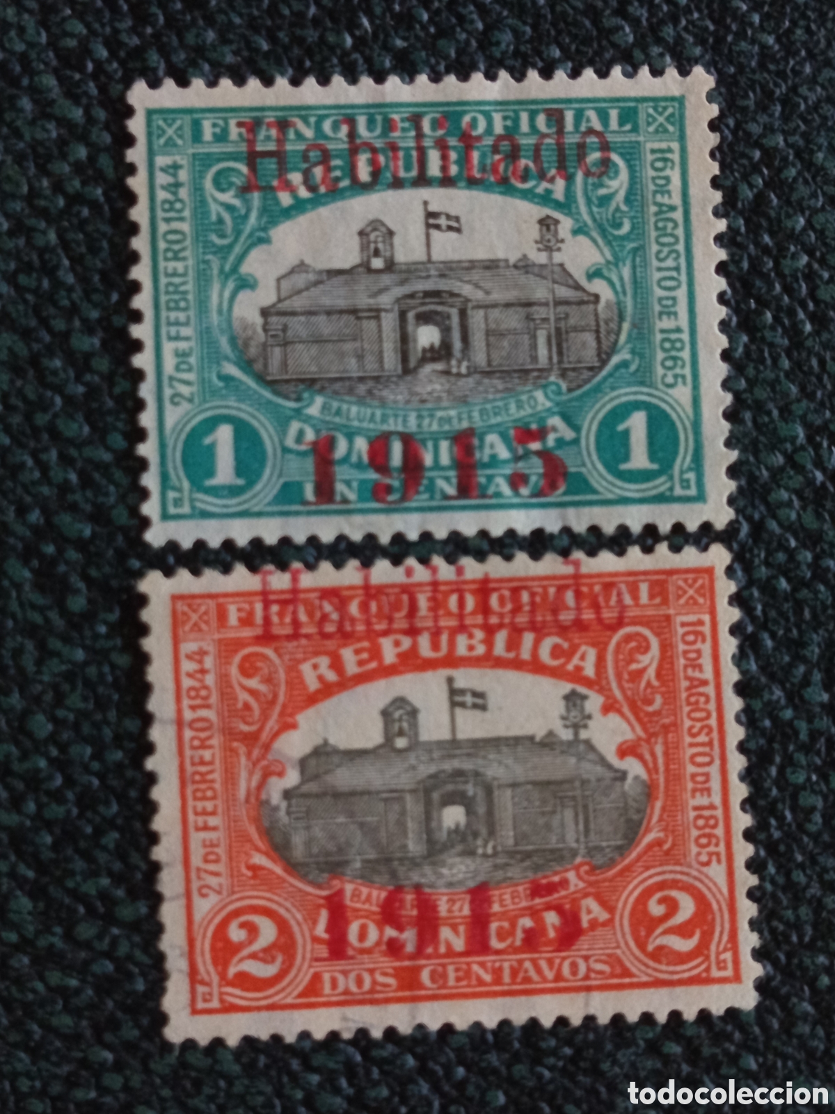 Sellos: Lote 2 Sellos Rep. Dominicana 1915 Habilitado Oficial (Scott #O13 y #O14) MH