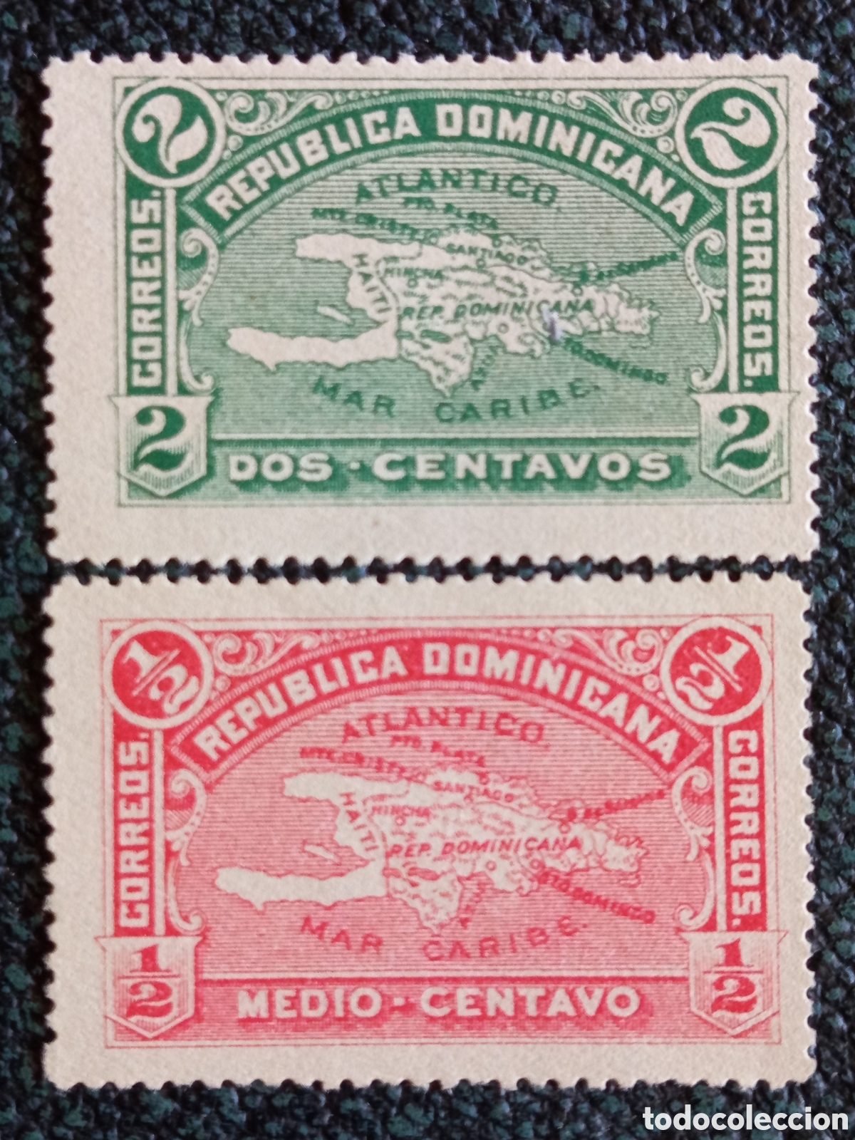 Sellos: Lote 2 Sellos Rep&uacute;blica Dominicana 1900 Mapa Espa&ntilde;ola (Scott 111 y 114) MH