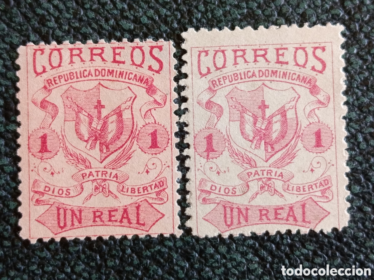Sellos: Lote 2 Sellos R. Dominicana 1879 Escudo Un Real Variedad Tono (Scott 49) MH