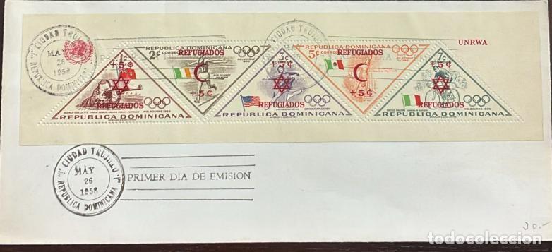 Sellos: MI) 1958 DOMINICAN REPUBLIC, FDC, CIUDAD TRUJILLO CIRCULATED,H. 15. &rdquo;REFUGEES&rdquo; OVERPRINT AND THE STA