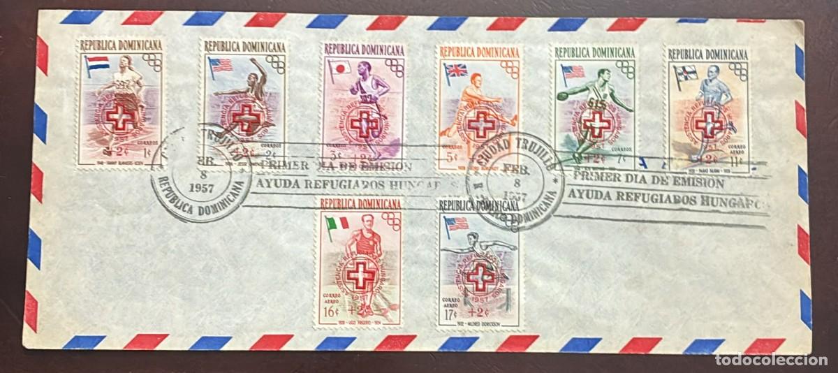 Sellos: MI) 1957 DOMINICAN REPUBLIC, FDC, AIRMAIL,CIUDAD TRUJILLO CIRCULATED,PREVIOUS SERIES OVERPRINT &rdquo;HUNG