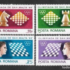 Sellos: SD)1980 ROMANIA COMPLETE CHESS SERIES, MALTA CHESS OLYMPIAD, GAME PIECES, 4 MNH TIMBERS
