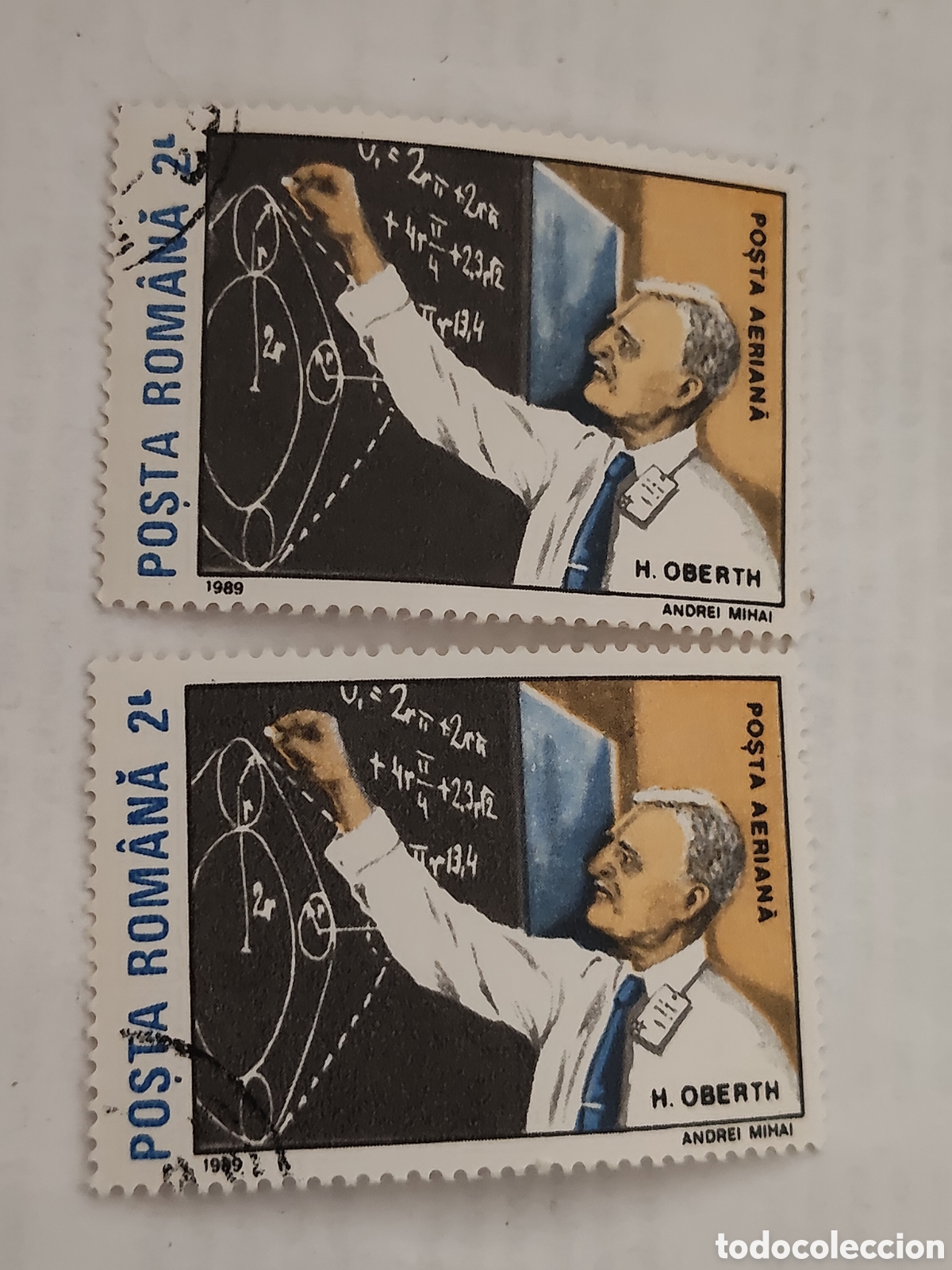 Sellos: 2 Sellos de Ruman&iacute;a Hermann Oberth uno de los padres fundadores de la coheter&iacute;a y la astronautica