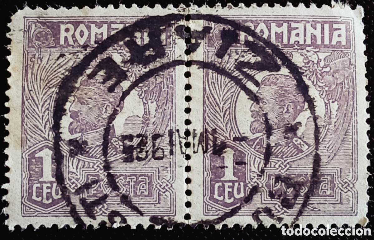 Sellos: Ruman&iacute;a 1920 - Rey Fernando I - Pareja 1 Leu Violeta - Michel 272a