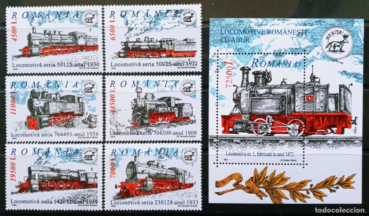 Sellos: RUMANIA IVERT 4769/74+ HOJA BLOQUE N&ordm;263 NUEVOS ** SERIE DE LOCOMOTORAS A&Ntilde;O 2002