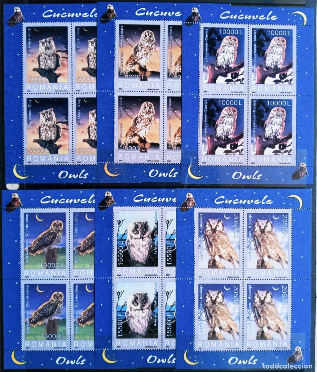 Sellos: RUMANIA IVERT 4809/14 BLOQUES DE 4 SERIES NUEVOS ** SERIE PAJAROS BUHOS RAPACES NOCTURNAS A&Ntilde;O 2003
