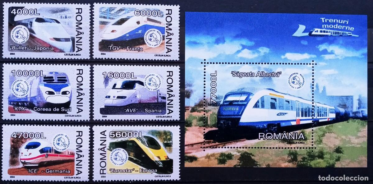 Sellos: RUMANIA IVERT 4867/72+ HOJA BLOQUE N&ordm;272 NUEVOS ** 23&ordm; CONGRESO U.P.U. TRENES MODERNOS A&Ntilde;O 2004