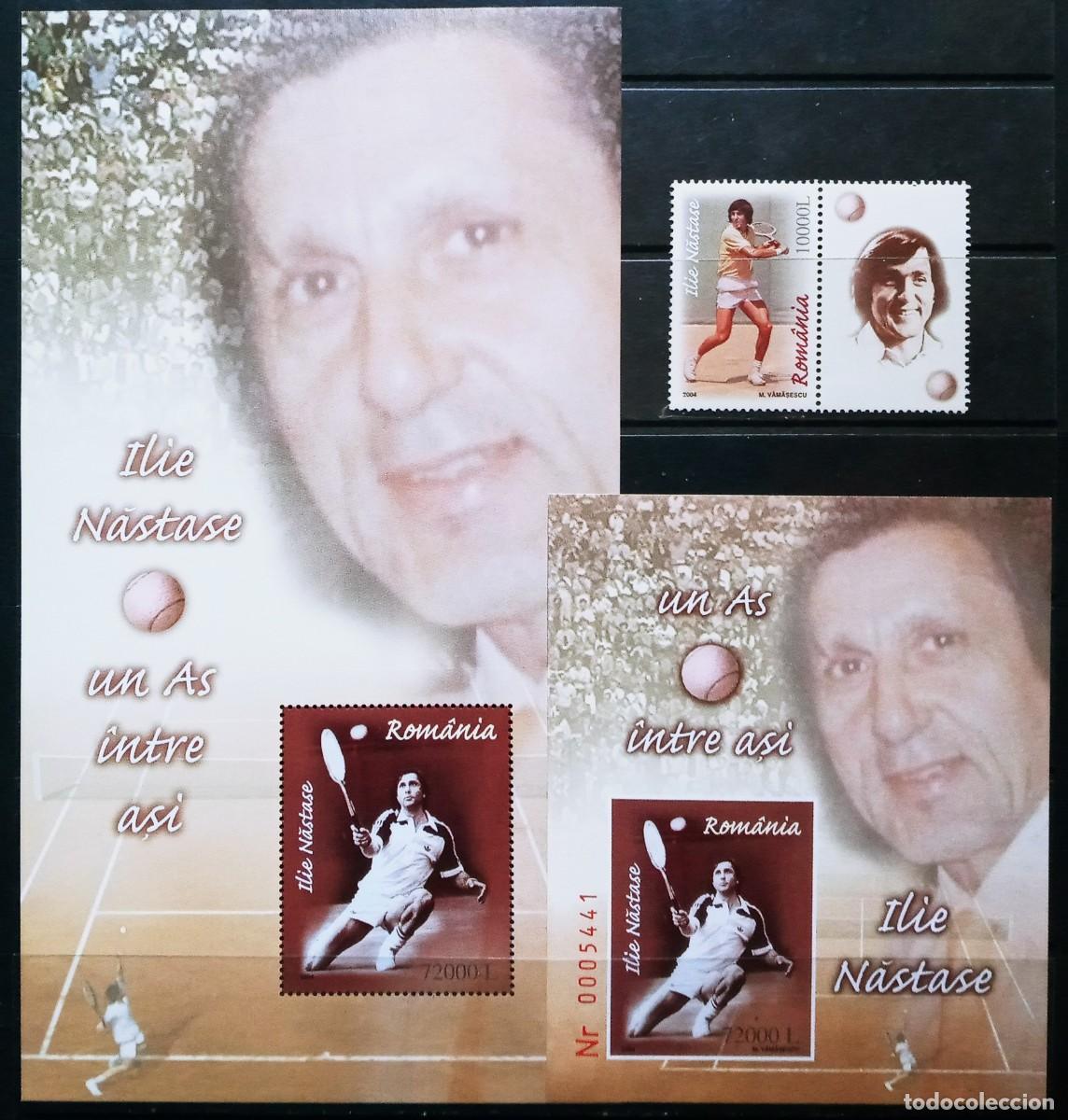 Sellos: RUMANIA IVERT 4928+ 2 HOJA BLOQUE N&ordm;280 y 280a NUEVOS ** DEPORTES TENIS ILIE NASTASE A&Ntilde;O 2004