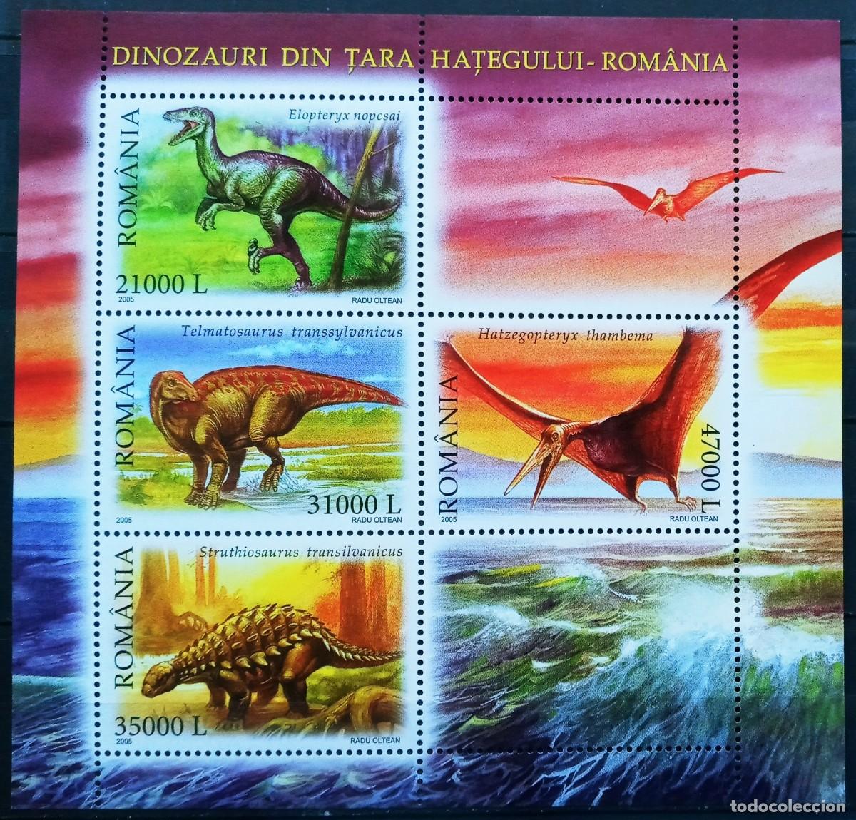 Sellos: RUMANIA IVERT 4945/48 HOJA BLOQUE N&ordm;284 NUEVOS ** FAUNA PERHISTORICA DINOSAURIOS A&Ntilde;O 2005