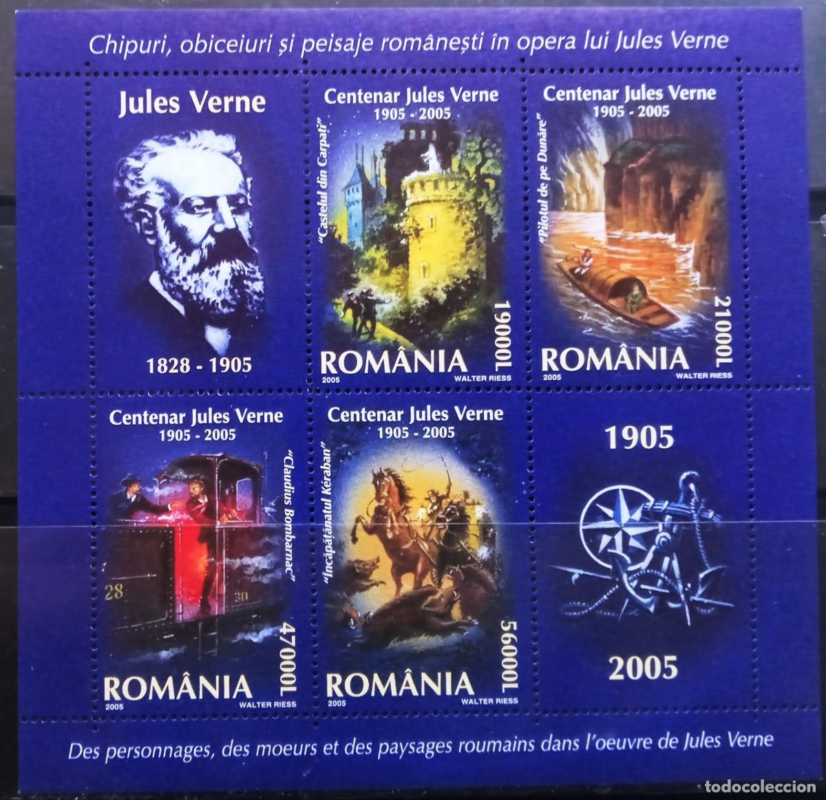 Sellos: RUMANIA IVERT HOJA BLOQUE N&ordm;286 NUEVOS ** PERSONAJES LITERATURA CENTEN. JULIO VERNE A&Ntilde;O 2005