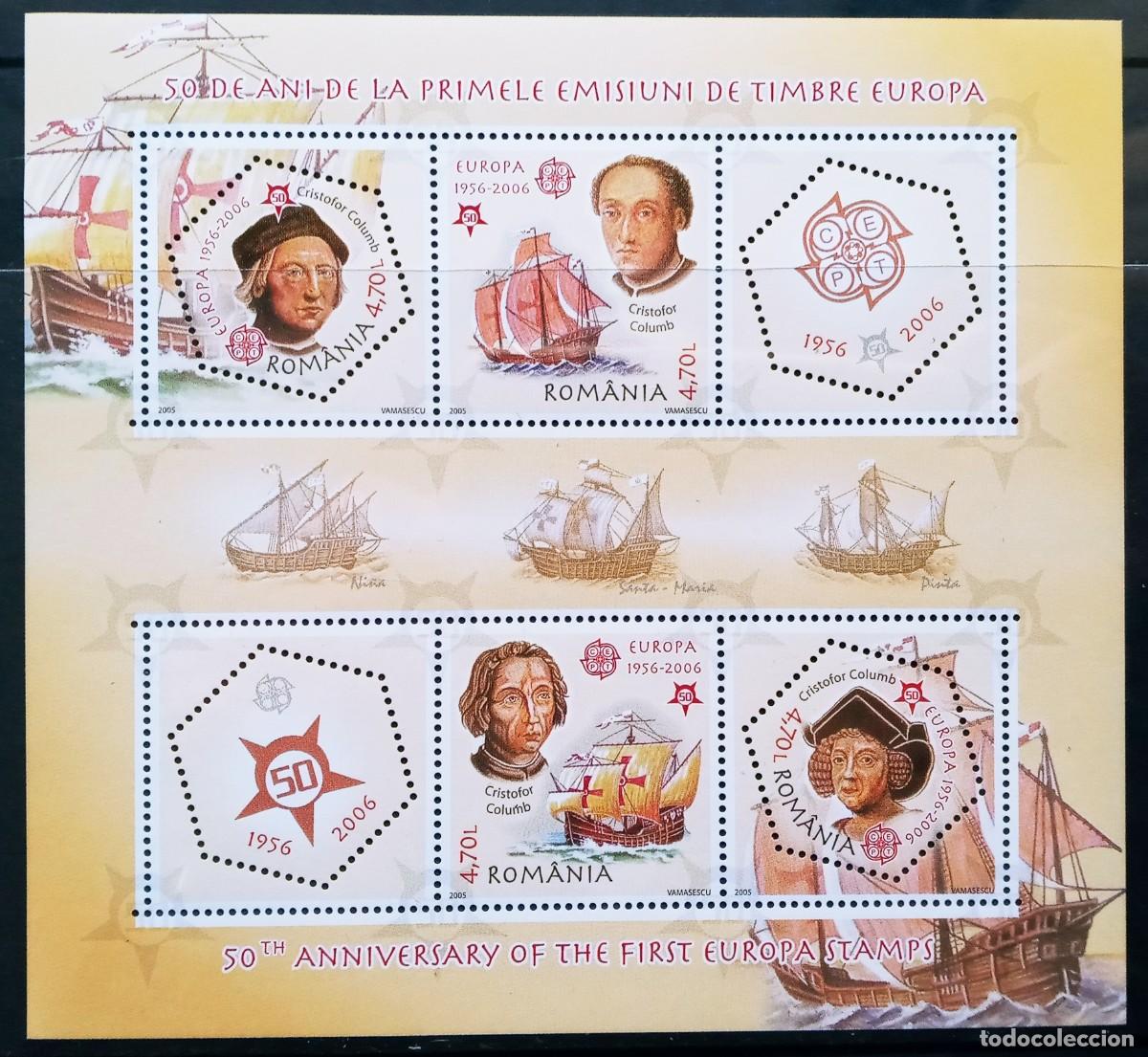 Sellos: RUMANIA IVERT H. BLOK N&ordm;294 NUEVOS ** 50&ordm; ANIV. EMISION SELLOS EUROPA CEPT CRISTOBAL COLON A&Ntilde;O 2005