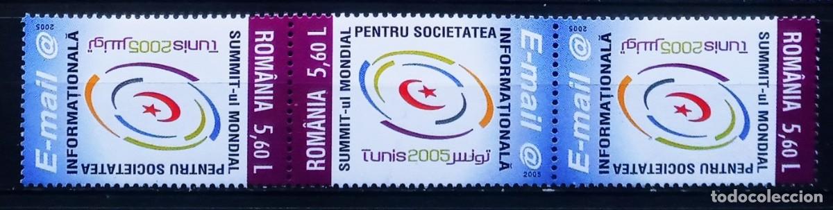 Sellos: RUMANIA IVERT 5026 3 SELLOS tete-beche NUEVOS ** CUMBRE MUNDIAL SOCIEDAD INFORMACION EN TUNEZ 2005
