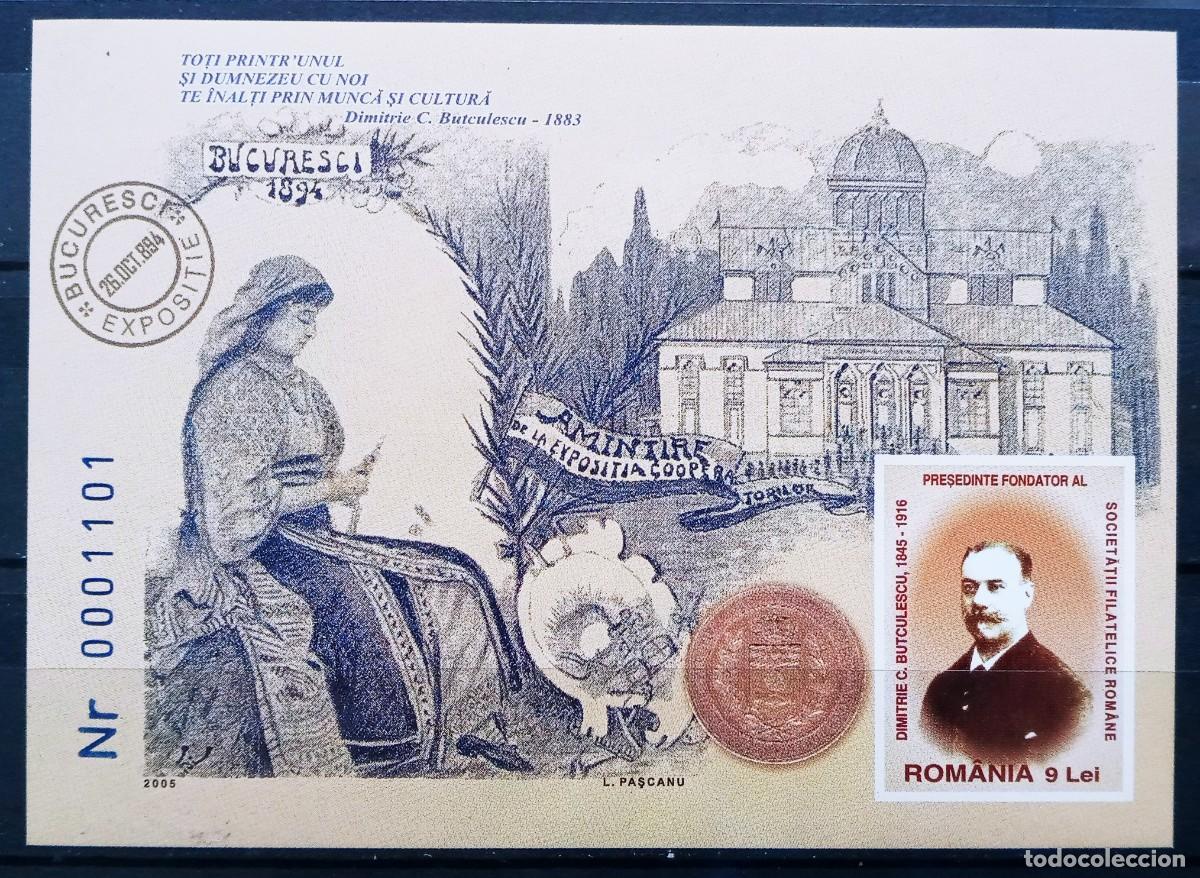 Sellos: RUMANIA IVERT HOJA BLOQUE N&ordm;298 NUEVOS ** DIMITRIE C. BUTCULESCU FUNDADOR SOCIEDAD FILATEL. A&Ntilde;O 2005