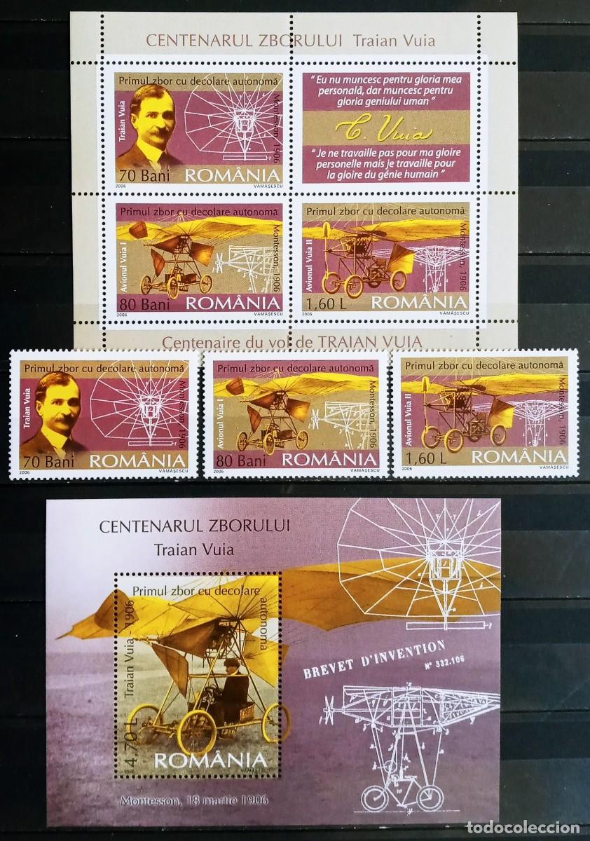 Sellos: RUMANIA IVERT 5075/77+ HOJA BLOQUE N&ordm;303/304 NUEVOS ** PERSONAJE CENTEN. VUELO DE TRIAN VUIA 2006