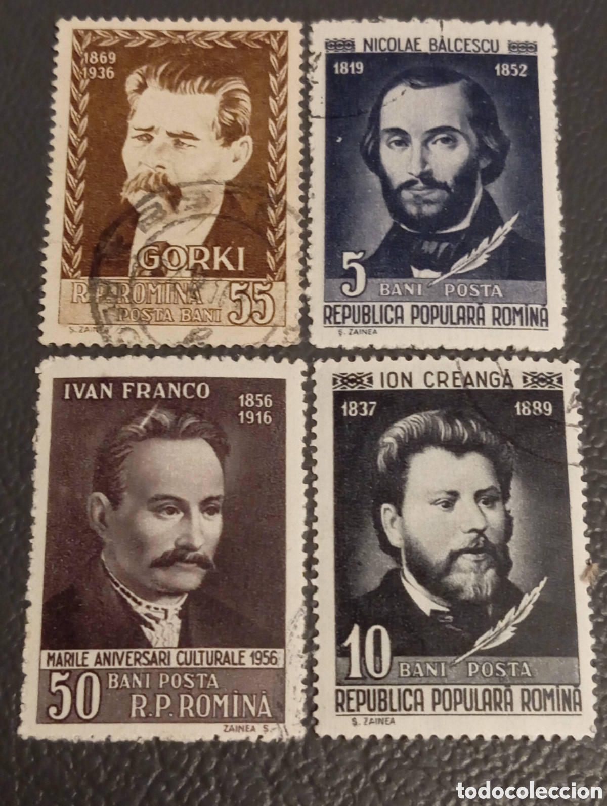 Sellos: Ruman&iacute;a 1956-1958 - Lote 4 Sellos Escritores (Gorki, Franko, Creangă, Bălcescu) - Mi 1593, 1604, 170