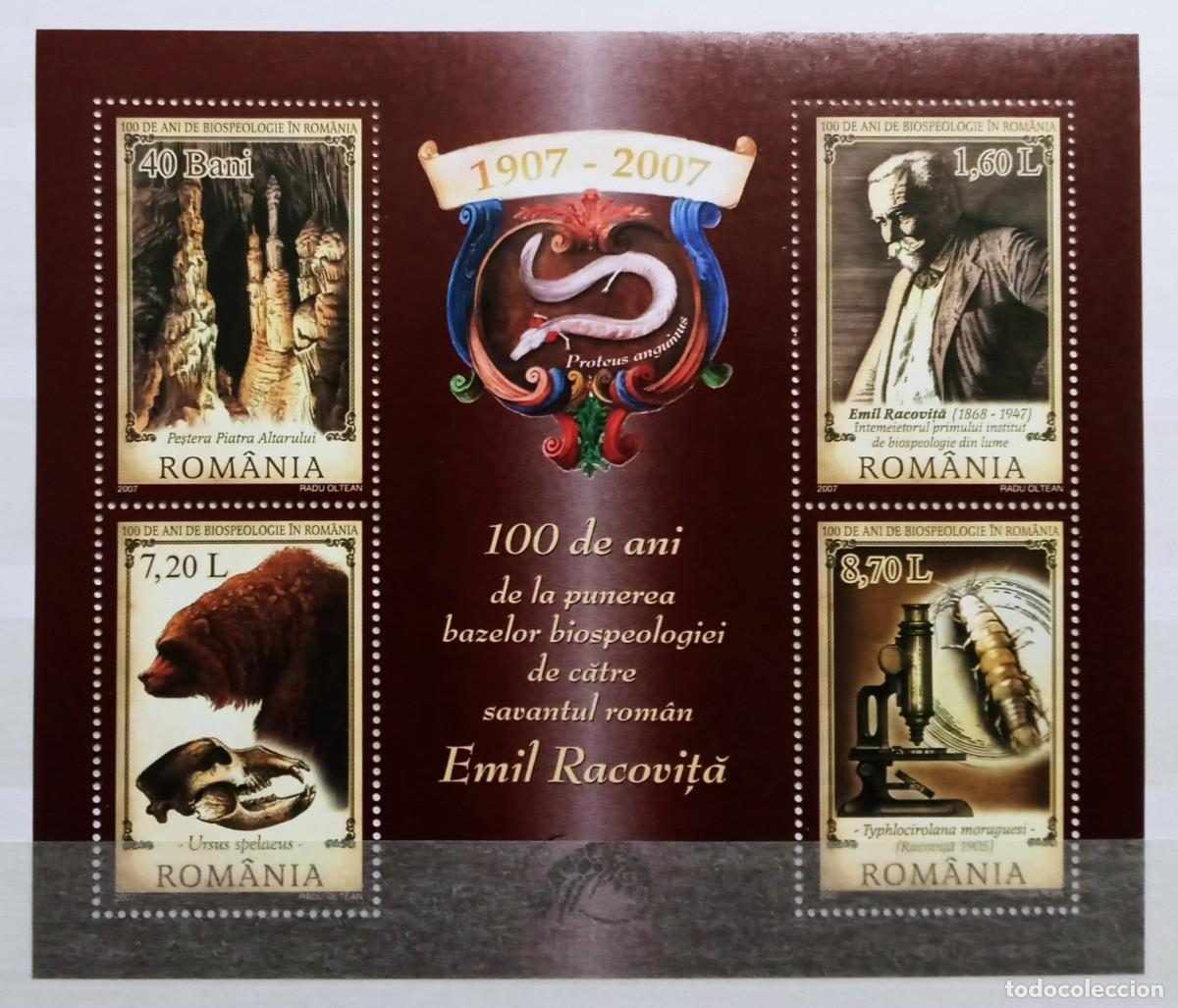 Sellos: RUMANIA IVERT HOJA BLOQUE N&ordm;326 NUEVOS ** CENTEN. BIOESPELEOLOGIA CIENTIFICO EMIL RACOVITA A&Ntilde;O 2007