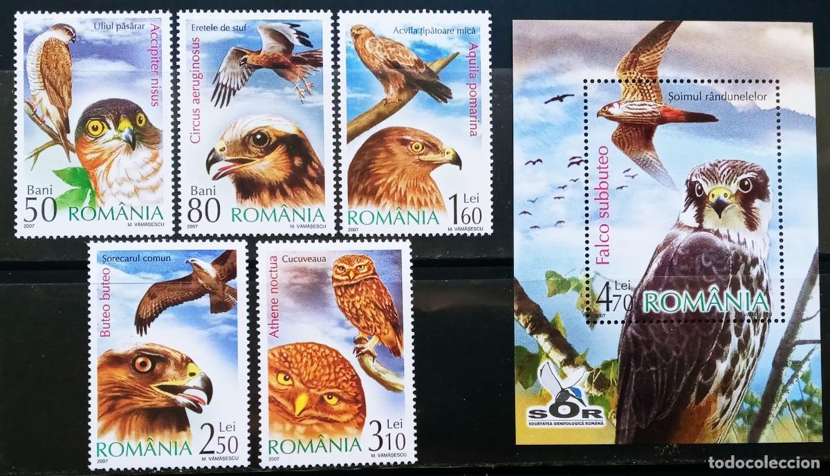 Sellos: RUMANIA IVERT 5204/08+ HOJA BLOQUE N&ordm;329 NUEVOS ** SERIE FAUNA. PAJAROS. AVES RAPACES A&Ntilde;O 2007