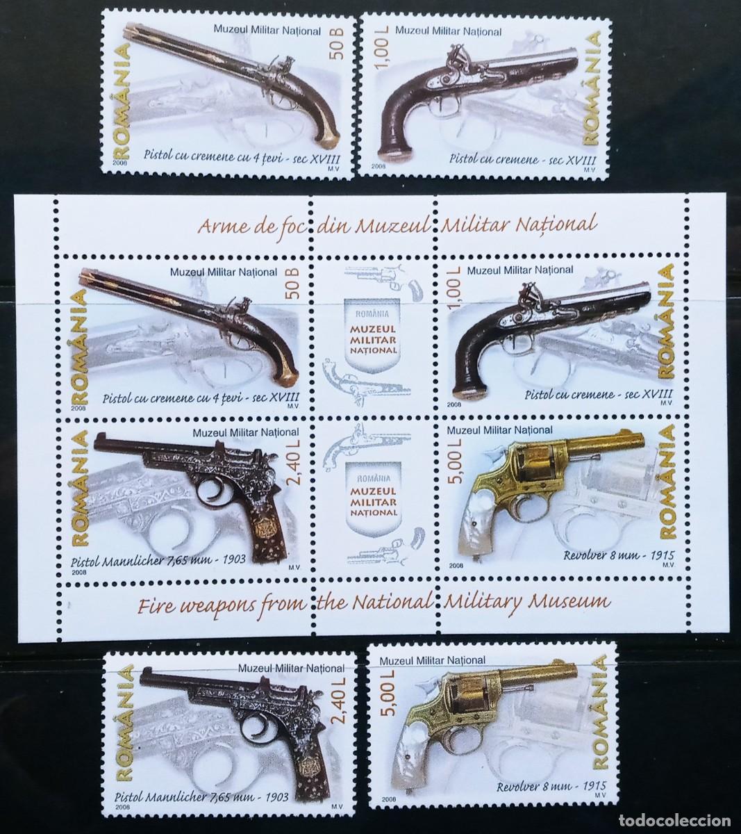 Sellos: RUMANIA IVERT 5278/81+ HOJA BLOQUE N&ordm;343 NUEVOS ** PISTOLAS MUSEO MILITAR NACIONAL A&Ntilde;O 2008