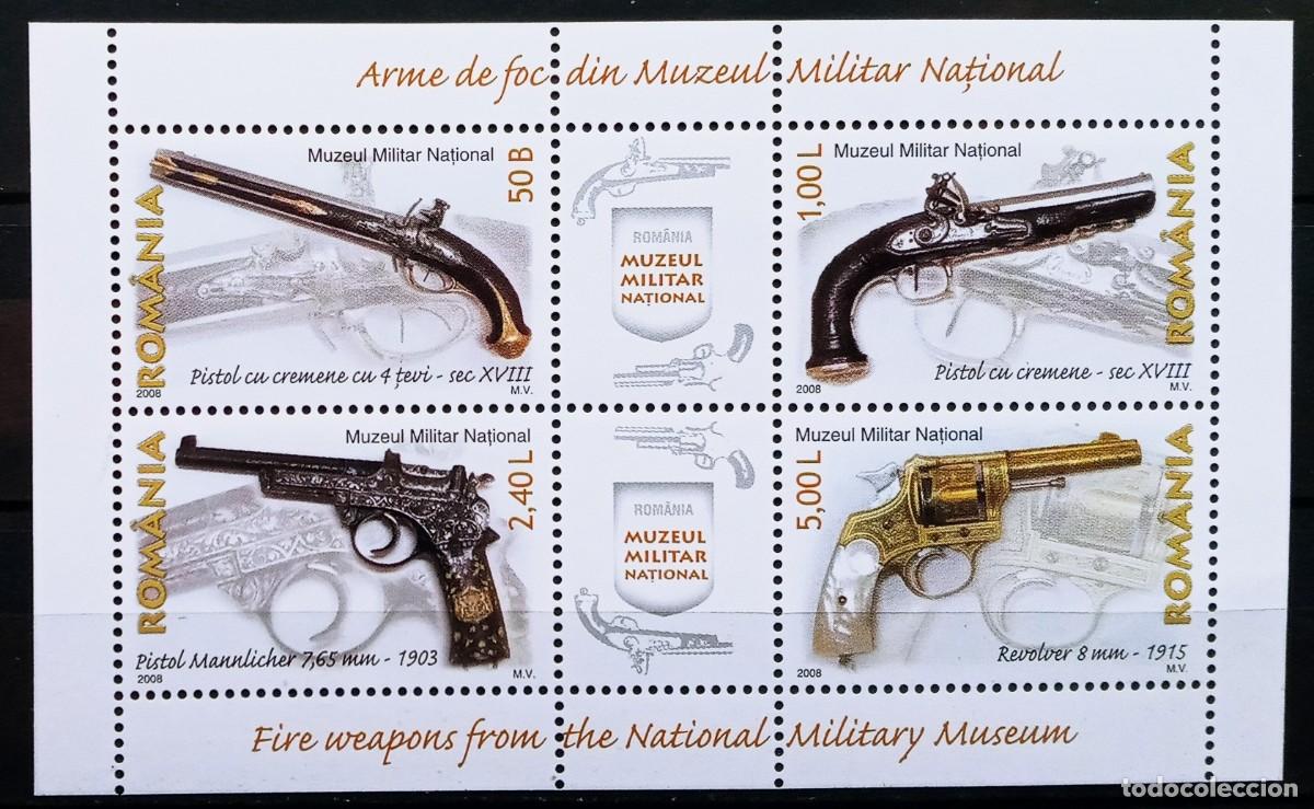 Sellos: RUMANIA IVERT HOJA BLOQUE N&ordm;343 NUEVOS ** PISTOLAS MUSEO MILITAR NACIONAL A&Ntilde;O 2008