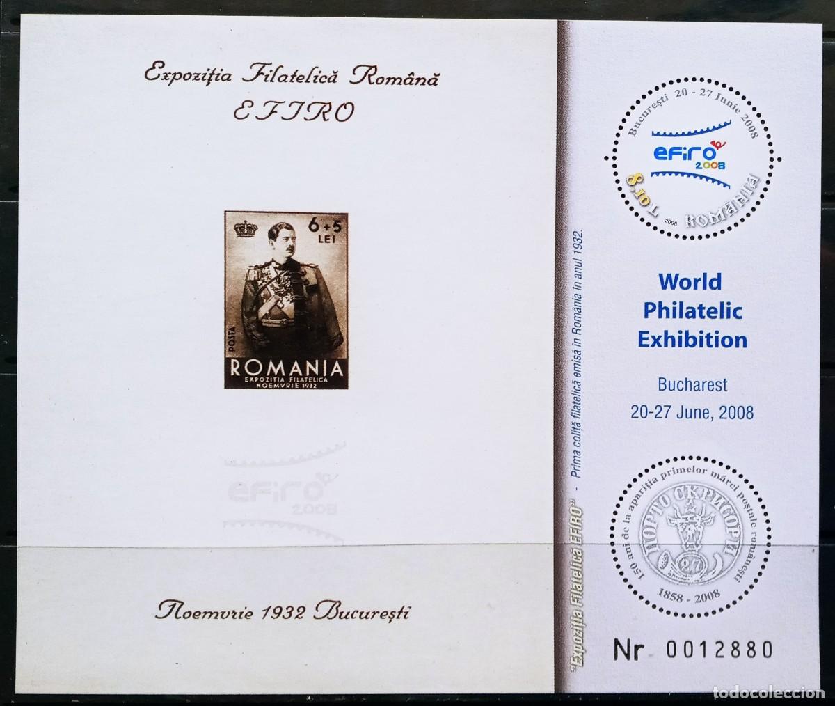 Sellos: RUMANIA IVERT HOJA BLOQUE N&ordm;349 NUEVOS ** &rdquo;EFIRO2008&rdquo; EXP. FILATELICA INTERN. EN BUCARET A&Ntilde;O 2008