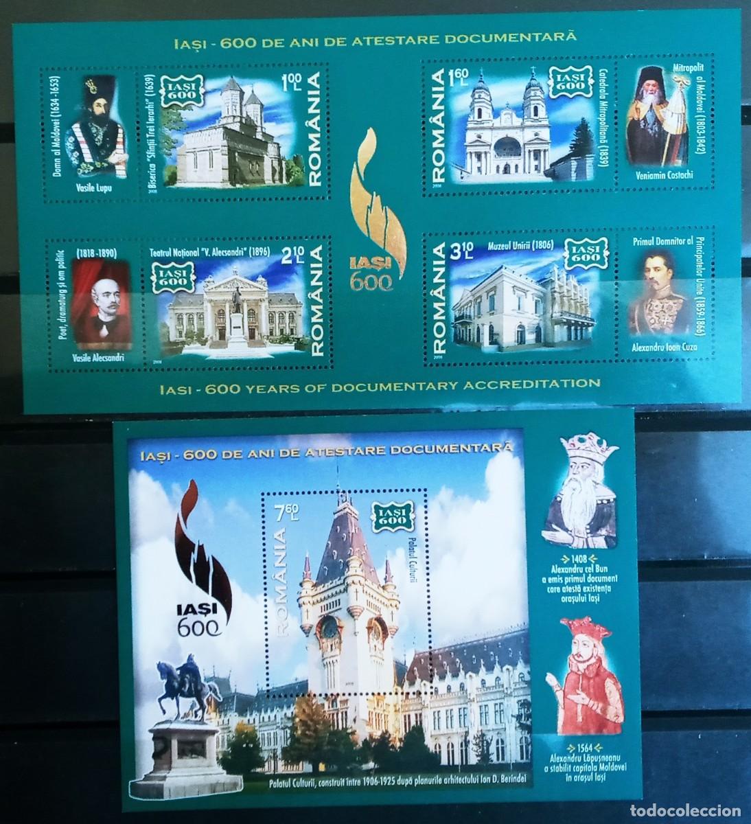 Sellos: RUMANIA IVERT 2 HOJA BLOQUE N&ordm;356/7 NUEVOS ** 600&ordm; ANIV. MENCION DE LA CIUDAD DE ISASI A&Ntilde;O 2008