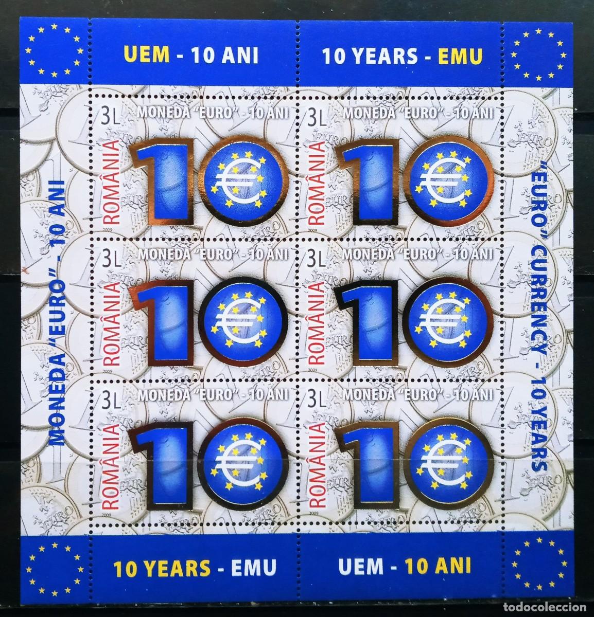 Sellos: RUMANIA IVERT 5339 BLOQUE DE 6 SERIES NUEVOS ** 10&ordm; ANIVERSARIO DEL &euro;URO A&Ntilde;O 2009