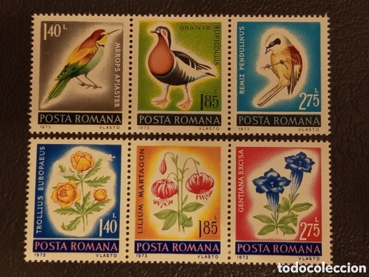 Sellos: Ruman&iacute;a 1973 - Serie Completa Fauna y Flora (Aves y Flores) - MNH - Cat&aacute;logo Michel #3086-3091