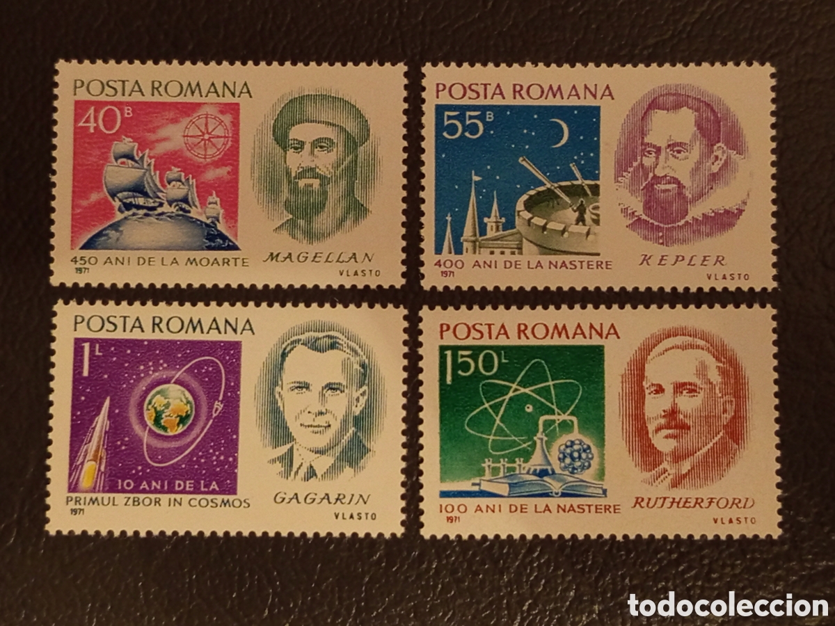 Sellos: Ruman&iacute;a 1971 - Serie Completa Personajes Ilustres (Gagarin, Kepler) - Scott #2308-2311
