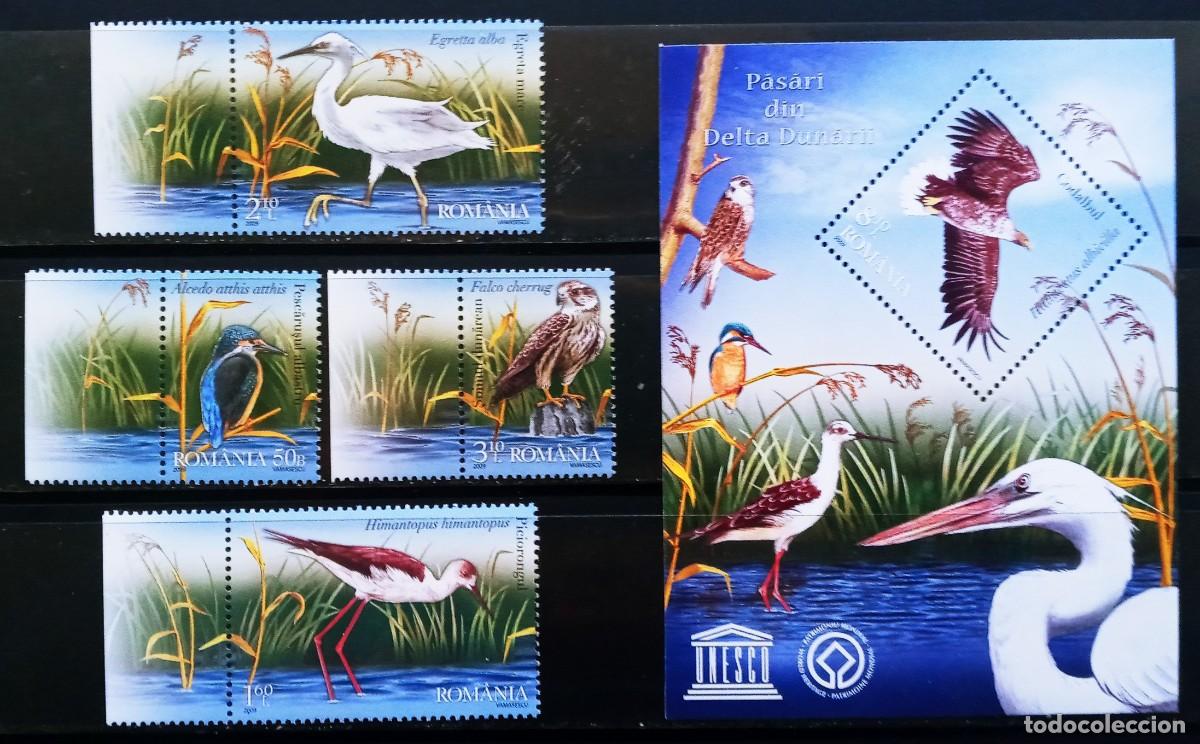 Sellos: RUMANIA IVERT 5343/46+ HOJA BLOQUE N&ordm;365 NUEVOS ** SERIE FAUNA AVES DEL DELTA DEL DANUBIO A&Ntilde;O 2009