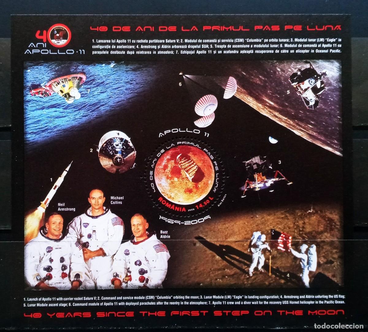 Sellos: RUMANIA IVERT HOJA BLOQUE N&ordm;369 ** 40&ordm; ANIVERSARIO PRIMER HOMBRE EN LA LUNA A&Ntilde;O 2009