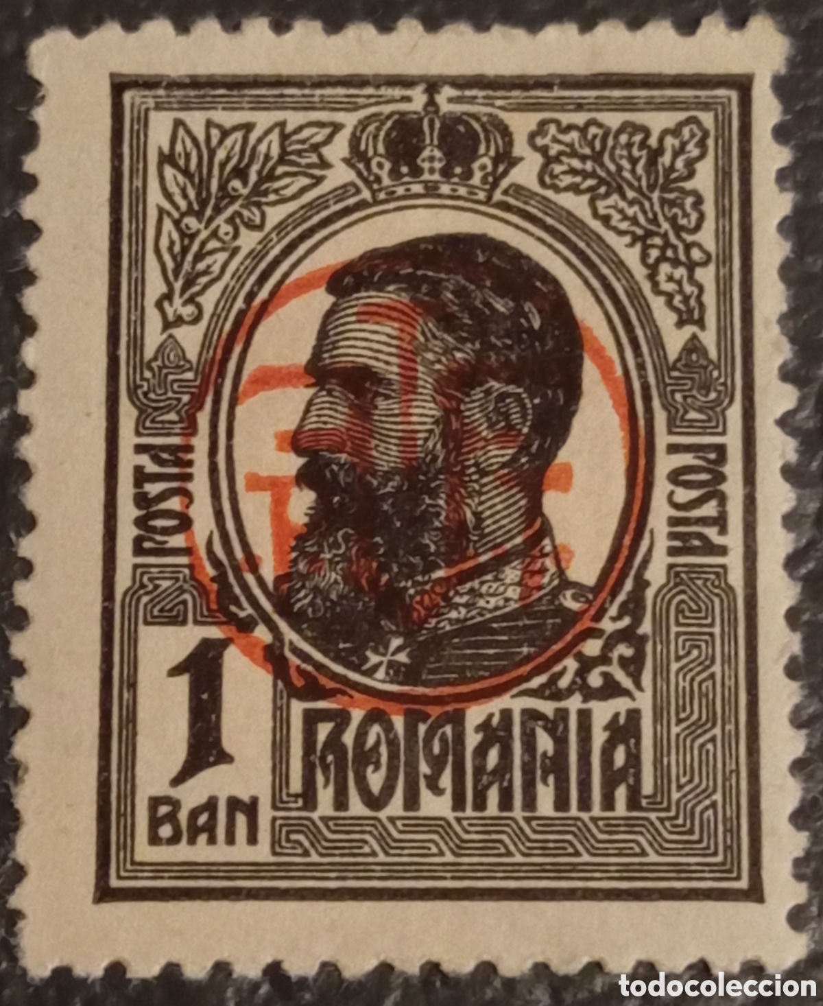 Sellos: Ruman&iacute;a 1918 - Rey Carol I con Sobrecarga Roja - 1 Ban - Michel Nr. 237 LC