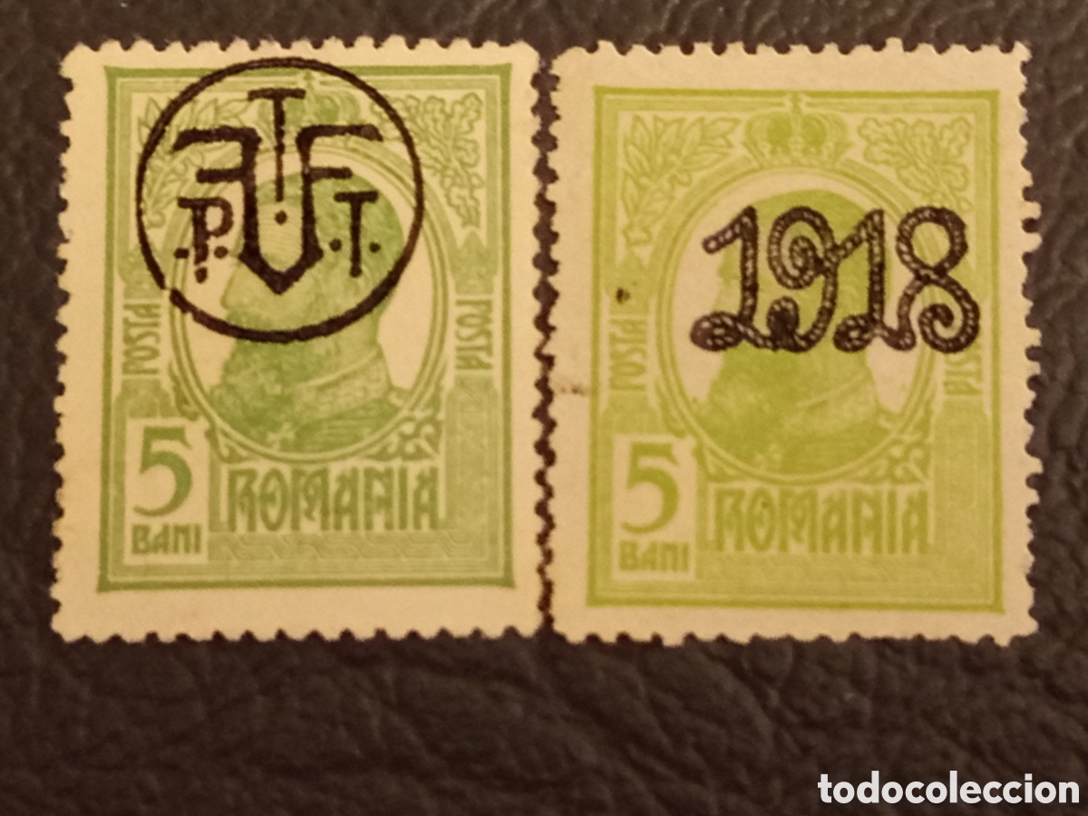 Sellos: Ruman&iacute;a 1918/1919 - Pareja 5 Bani Rey Carol I Sobrecargados PTT y 1918 - Scott 241/246 | Michel 211/