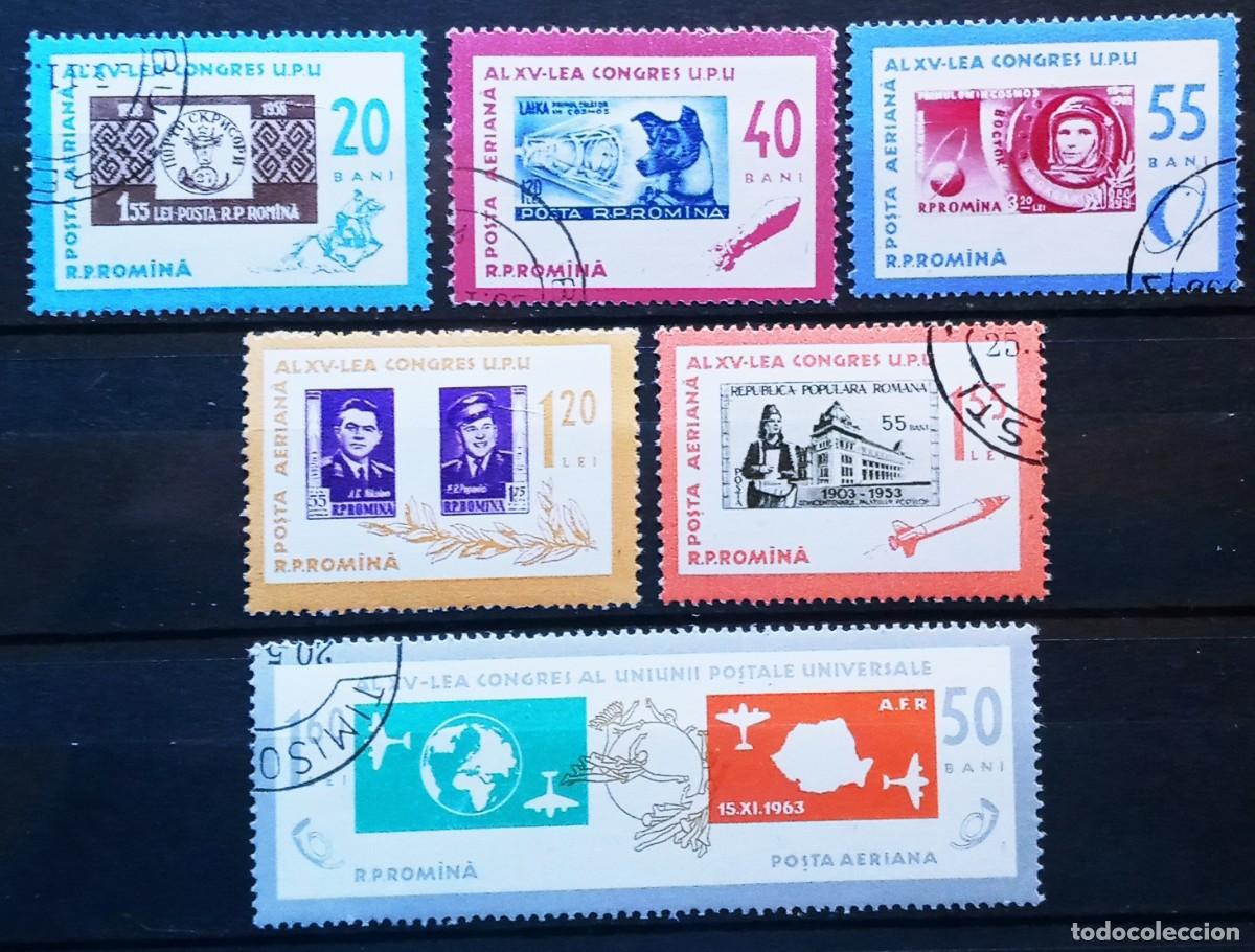 Sellos: RUMANIA IVERT AEREO 178/83 USADOS - DIA DEL SELLO; 15&ordm; CONGRESO U.P.U. A&Ntilde;O 1963
